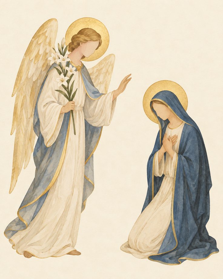 Der Engel des Herrn bringt Maria die Botschaft – Aquarell aus der App